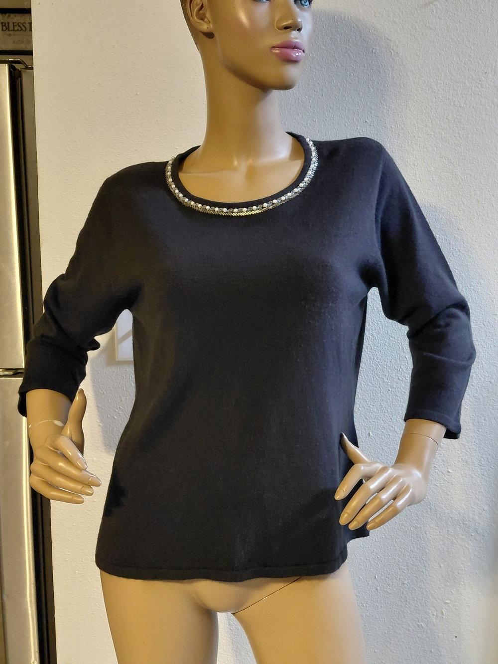 Black Embellished Crewneck Sweater - Women